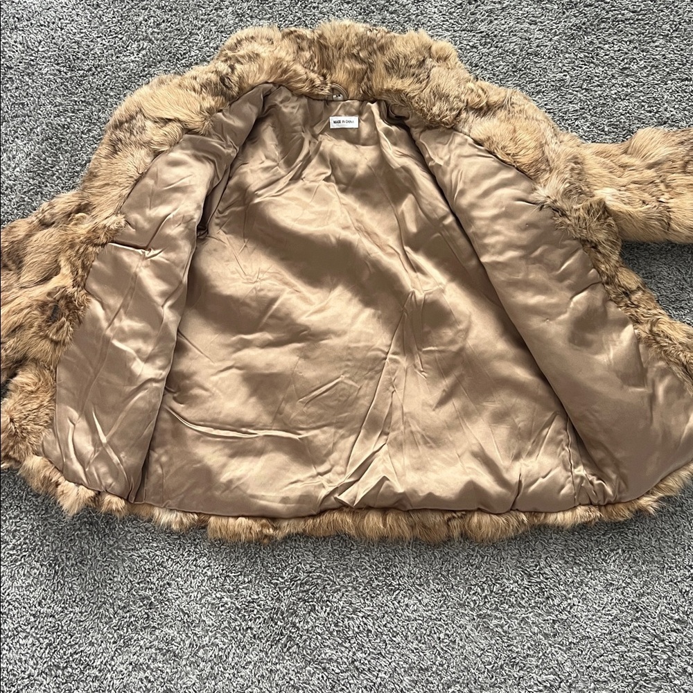 Vintage Genuine Tan Rabbit Fur Long-Sleeve Boho Mod Retro Opera Coat - Size 7/8 - Picture 3 of 9